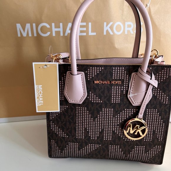 MICHAEL KORS Mercer Medium Pebbled Leather Crossbody Bag Brown/Pink Perforated - Picture 10 of 16